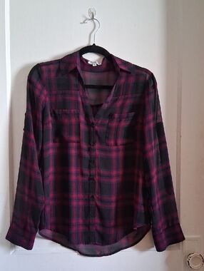 Semi-Sheer Plaid Button-Up Blouse in Burgundy, Purple,and Black